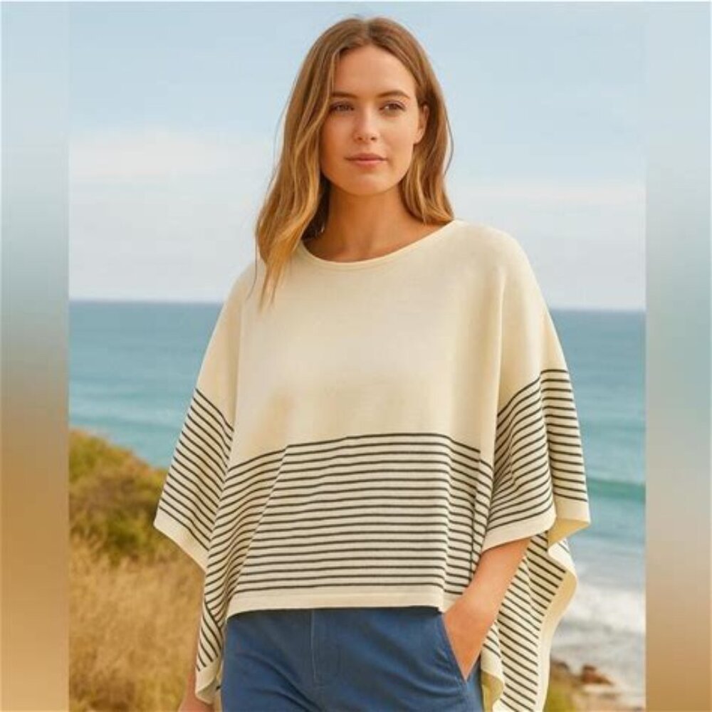 Vineyard Vines ~ 100% Fine Knit Cotton Poncho ~ Cream & Gray ~ Oversized Small